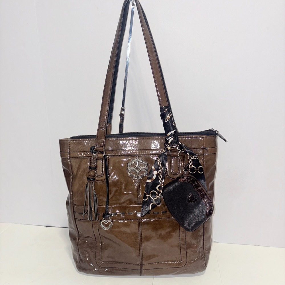 Brighton Brown Patent Leather Tote Bag Scarf Tassel Heart Charm